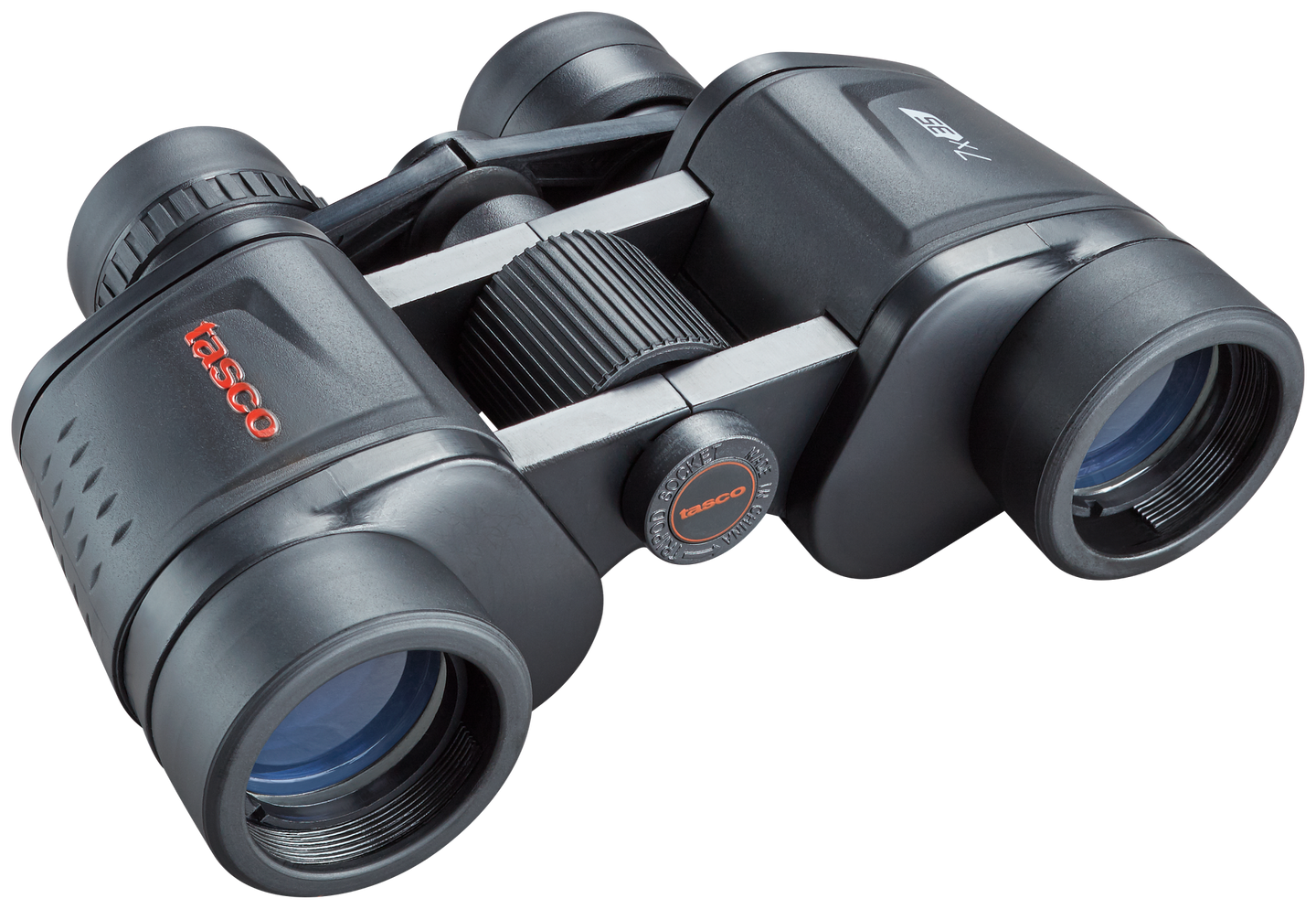 Front right view of black 7x35 binoculars with tasco logo in red on the left lens body and the focus knob