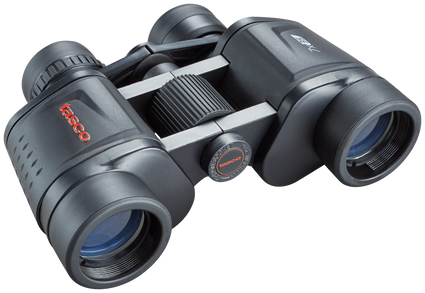 Front right view of black 7x35 binoculars with tasco logo in red on the left lens body and the focus knob