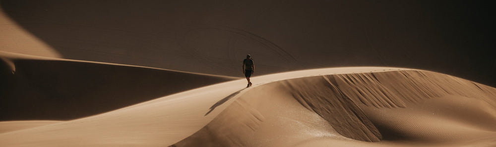 Person standing on a sand dune in a desert landscape