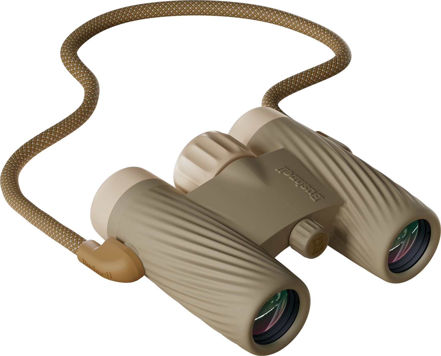 Bushnell A1 binoculars 10x25 with detachable strap in Trench Tan color on a transparent background