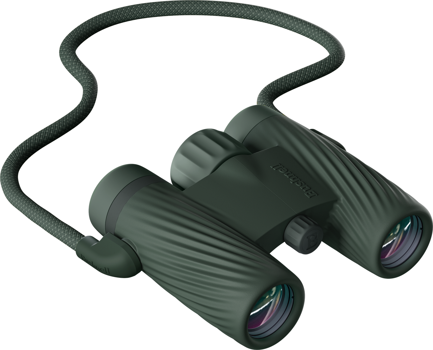 Bushnell A1 binoculars in Cilantro Green color with detachable neck strap on a transparent background.
