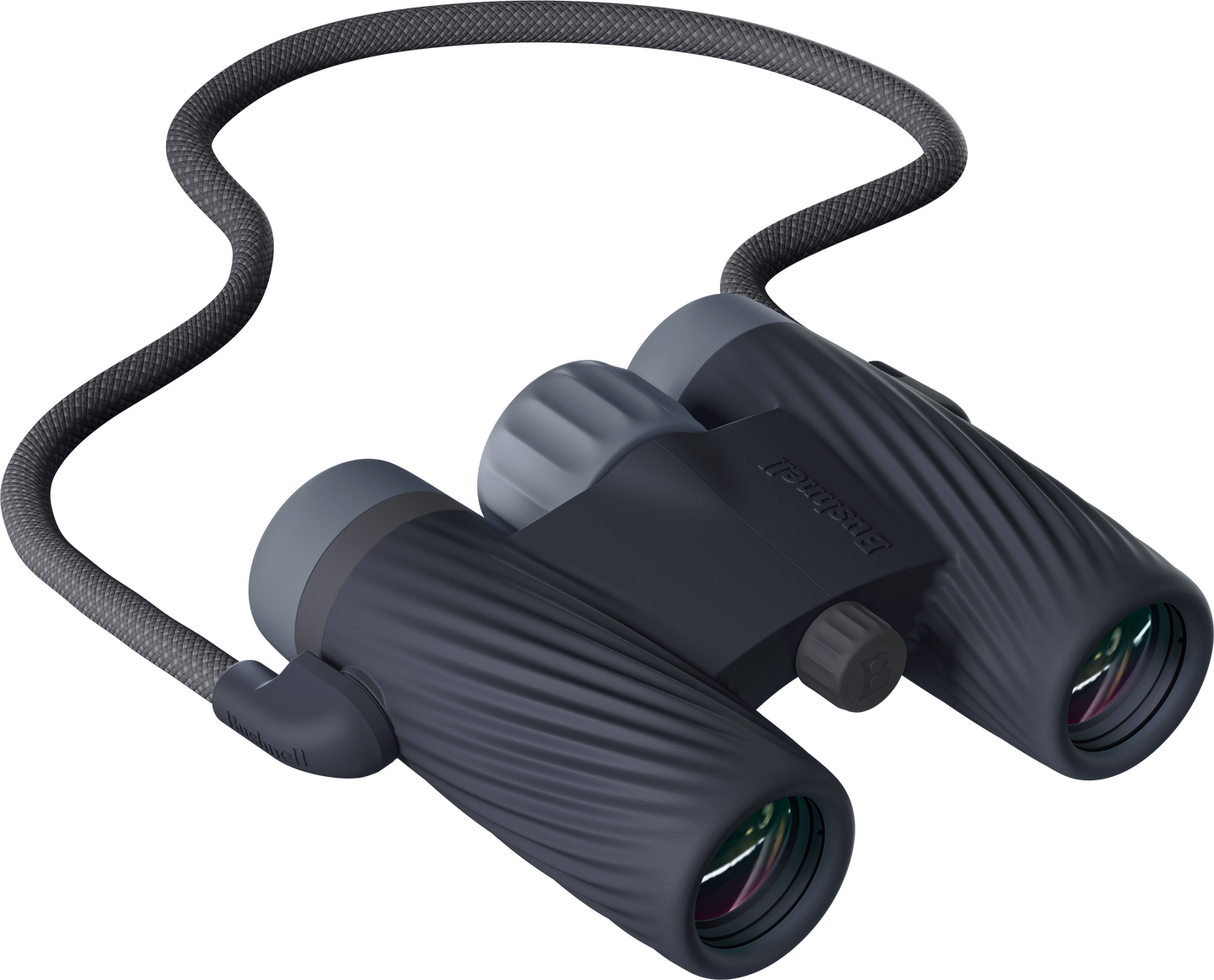 Bushnell A1 binoculars 10x25 in Ebony Black color with detachable strap on a transparent background.