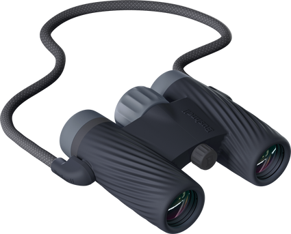 Bushnell A1 binoculars 10x25 in Ebony Black color with detachable strap on a transparent background.