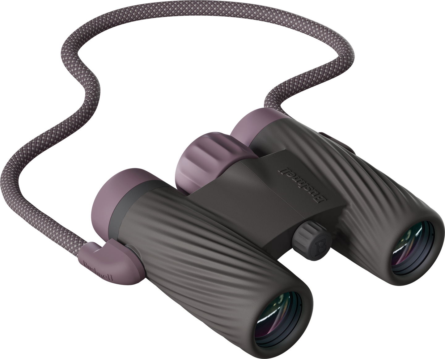 Textured Bushnell A1 10x25 binoculars in Plum Purple with an attached strap on a transparent background