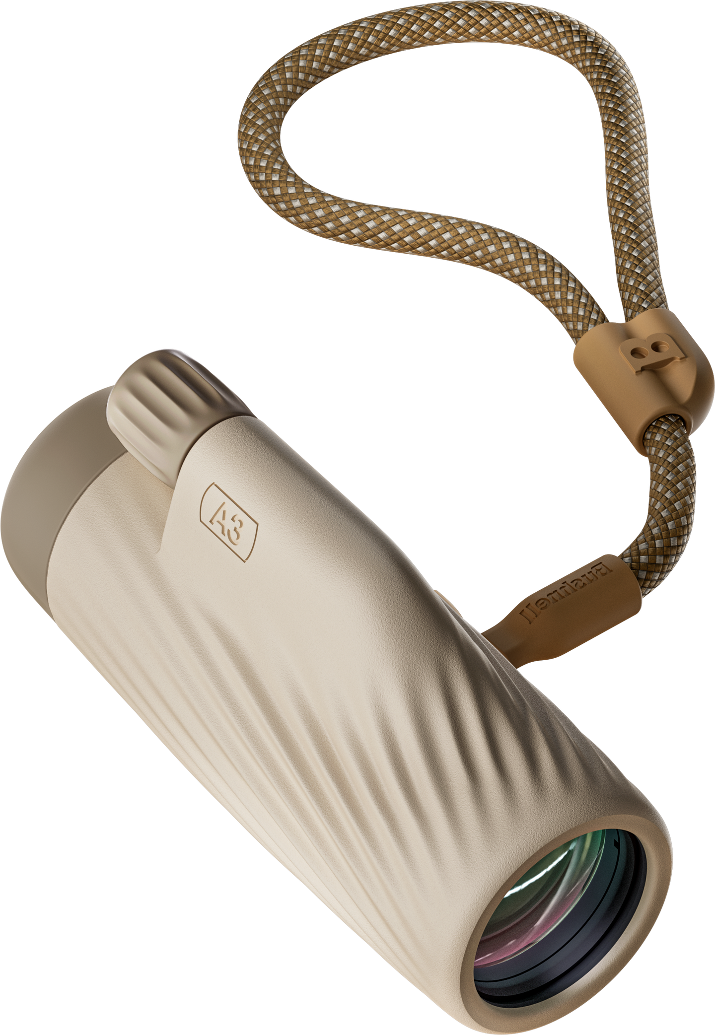 Bushnell A3 monocular in oyster clay color with matching detachable wrist strap on a transparent background.