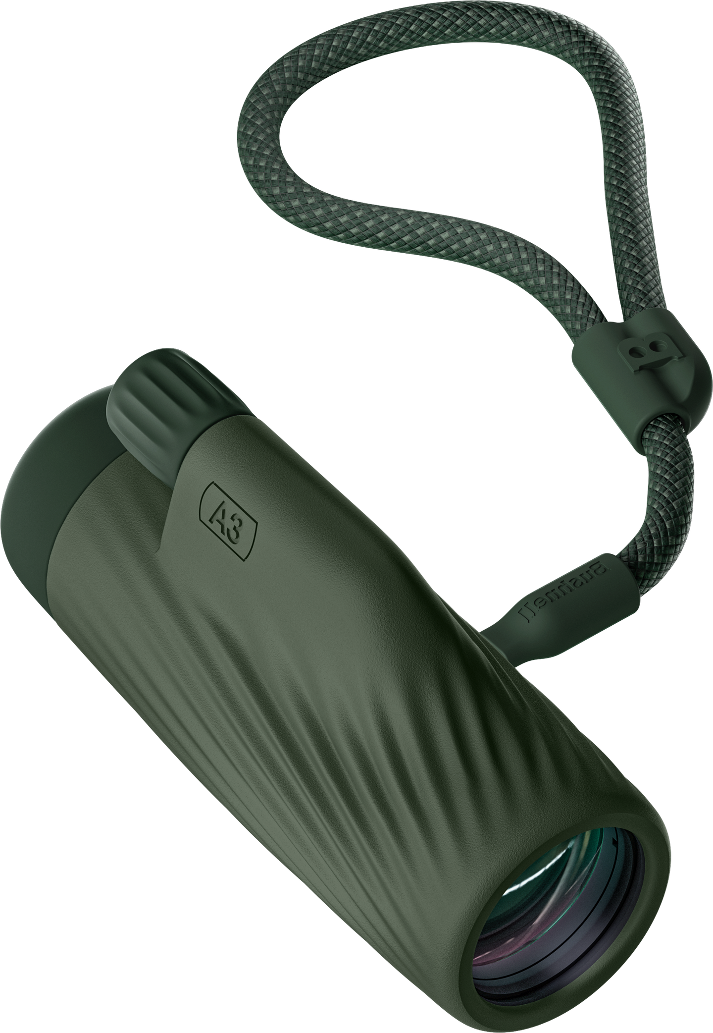Bushnell A3 monocular in Laurel Green color with matching detachable wrist strap on a transparent background.