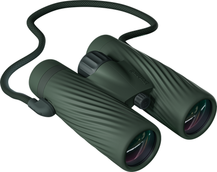 Bushnell A5 full-size binocular in cilantro green color with matching detachable neck strap on a transparent background.