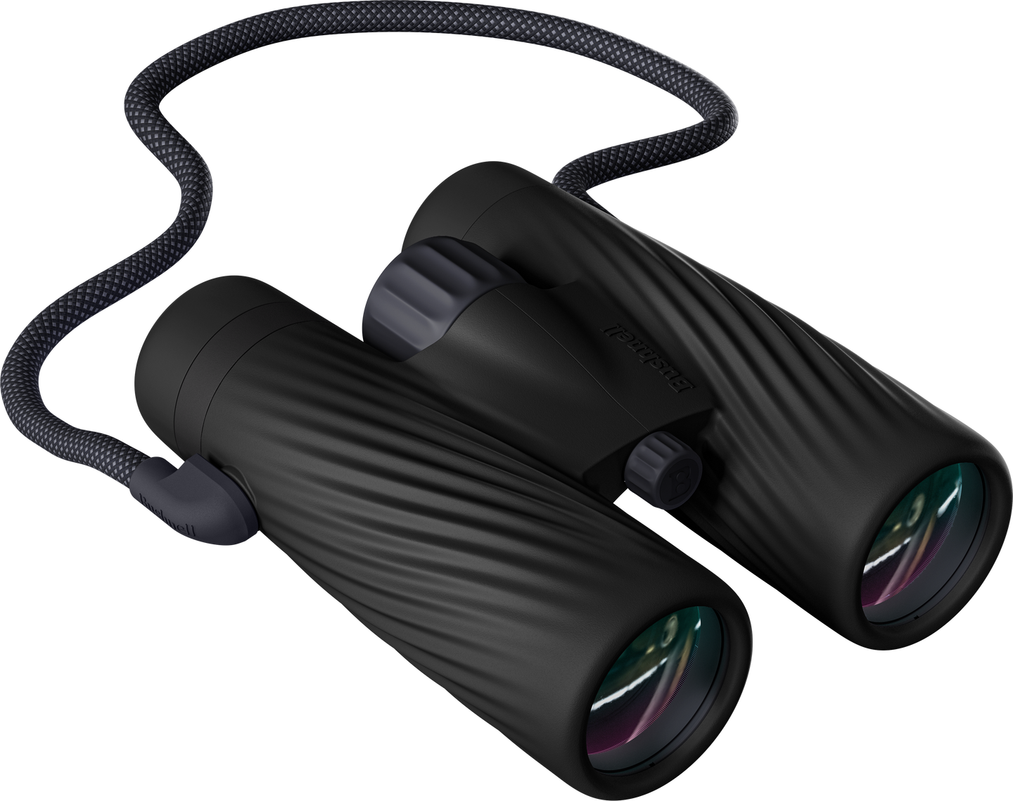 Bushnell A5 full-size binocular in onyx black color with matching detachable neck strap on a transparent background.