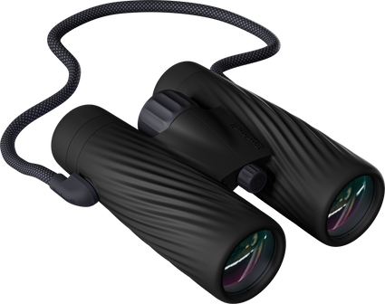 Bushnell A5 full-size binocular in onyx black color with matching detachable neck strap on a transparent background.