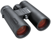 Front right view of black Bushnell Engage binoculars with the lens caps off, set on a transparent background
