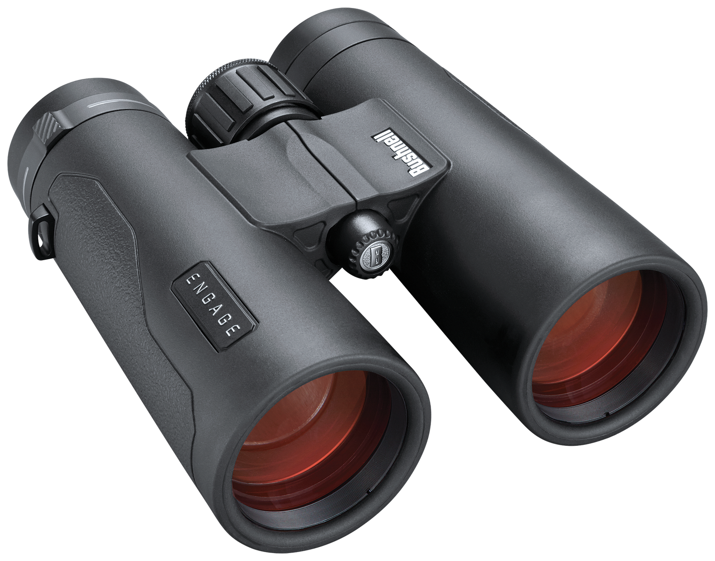 Front right view of black Bushnell Engage binoculars with the lens caps off, set on a transparent background