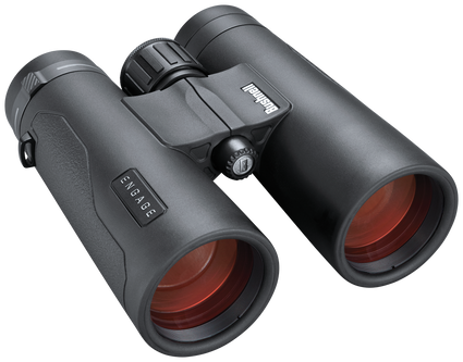 Front right view of black Bushnell Engage binoculars with the lens caps off, set on a transparent background