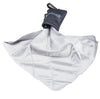 Gray microfiber cleaning cloth with a carabiner clip on a white background