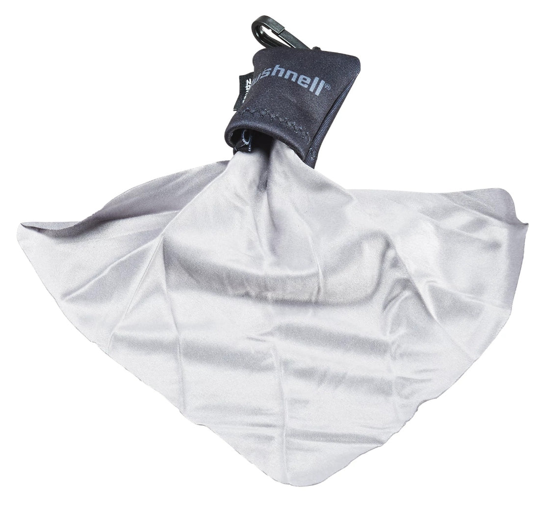Gray microfiber cleaning cloth with a carabiner clip on a white background