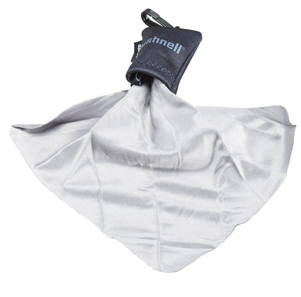 Gray microfiber cleaning cloth with a carabiner clip on a white background
