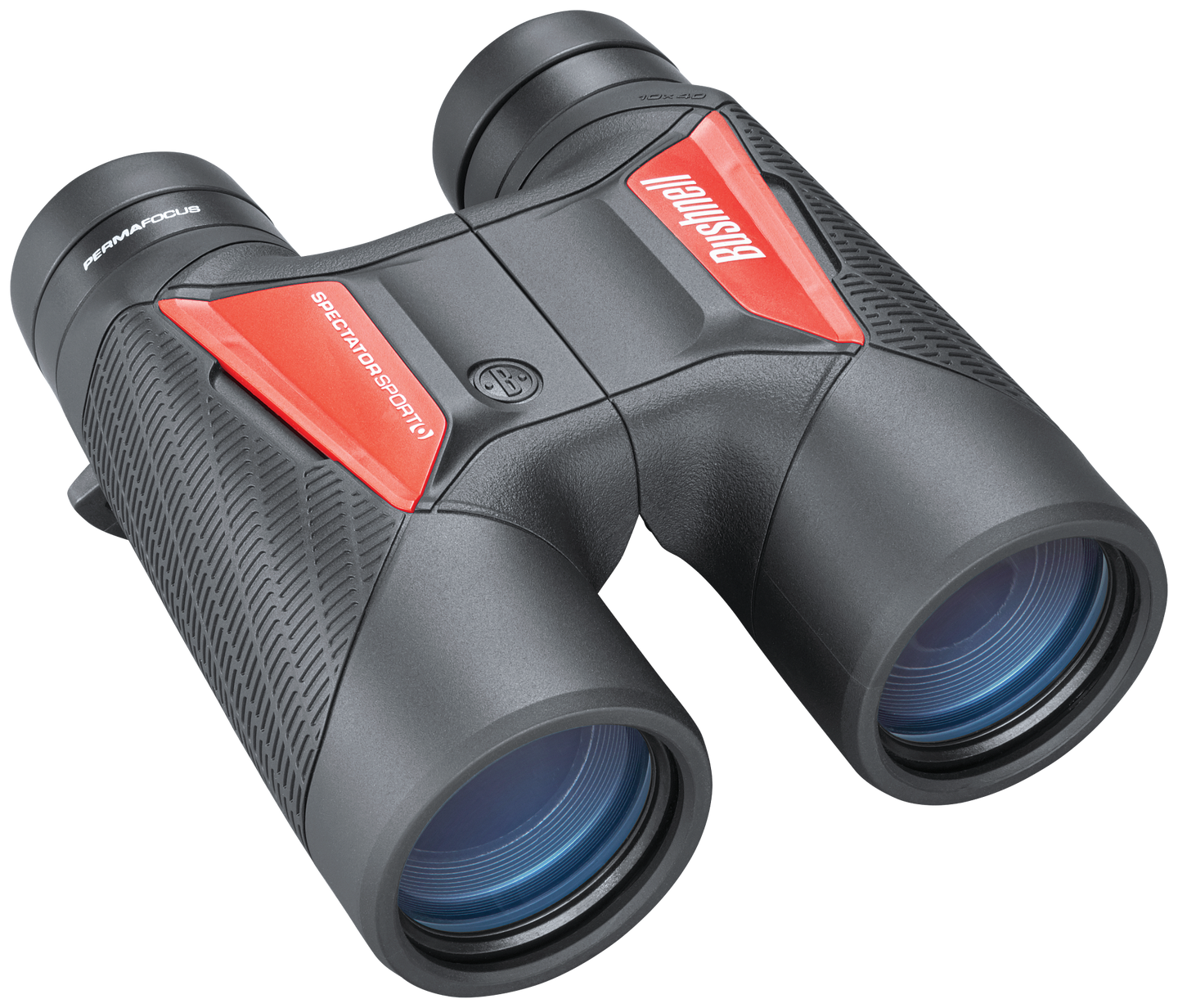 Front right view of black binoculars with "Bushnell" printed in white on an orange panel on the right and "Spectator Sport" printed in white on an orange panel on the left