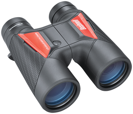 Front right view of black binoculars with "Bushnell" printed in white on an orange panel on the right and "Spectator Sport" printed in white on an orange panel on the left