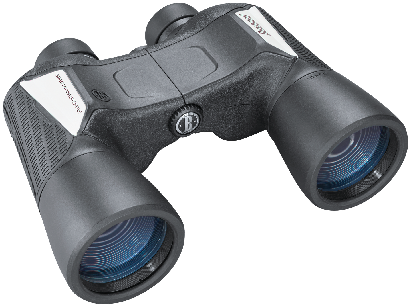 Front right view of Bushnell Spectator Sport black binoculars on a transparent background