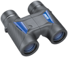 Front right view of black binoculars with Bushnell logo in white on a blue panel on the right lens body and Spectator Sport in white on a blue panel on the left lens body