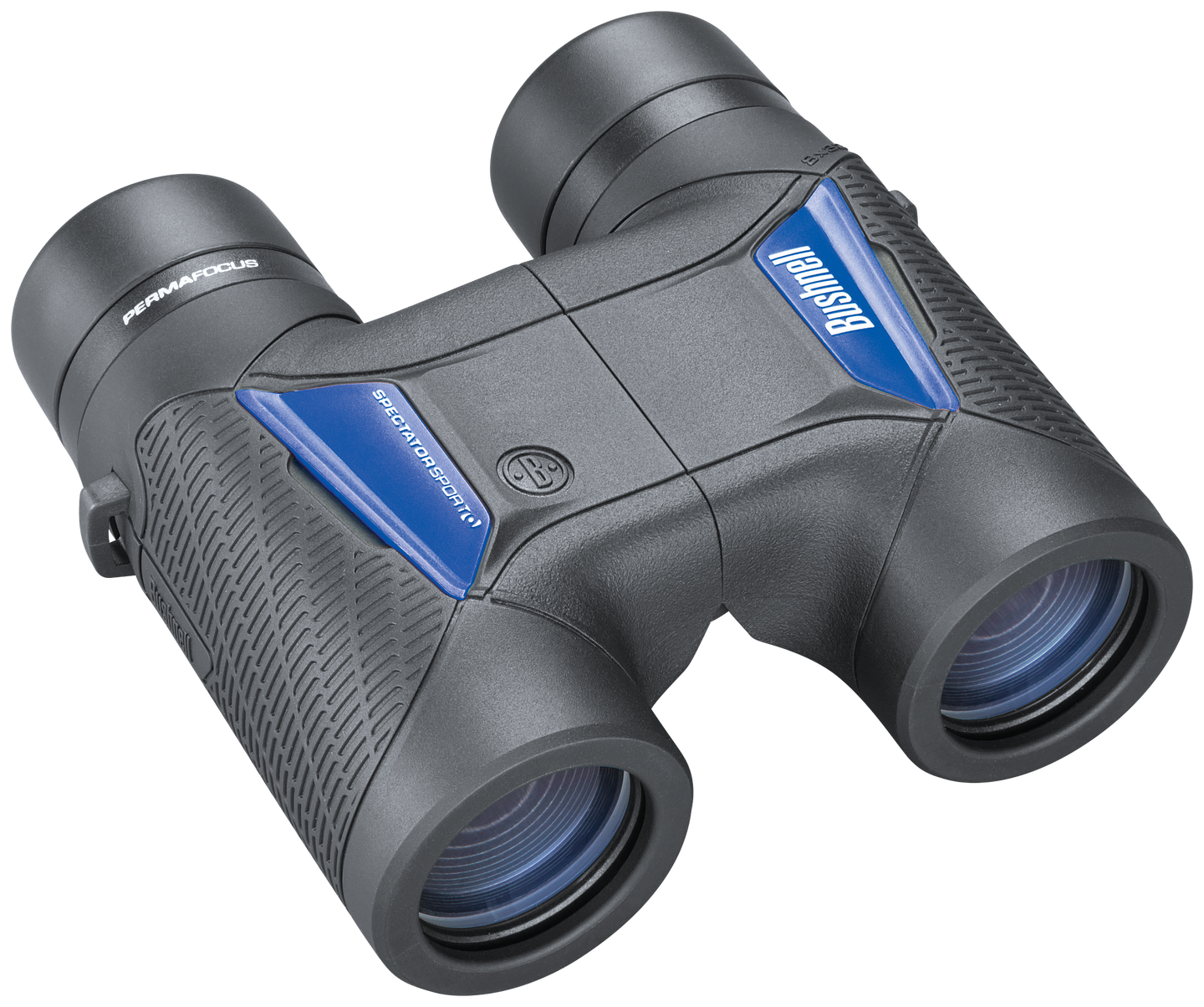 Front right view of black binoculars with Bushnell logo in white on a blue panel on the right lens body and Spectator Sport in white on a blue panel on the left lens body