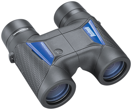 Front right view of black binoculars with Bushnell logo in white on a blue panel on the right lens body and Spectator Sport in white on a blue panel on the left lens body