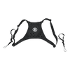 Black Bushnell binocular harness with a white letter B in a white circle on a transparent background