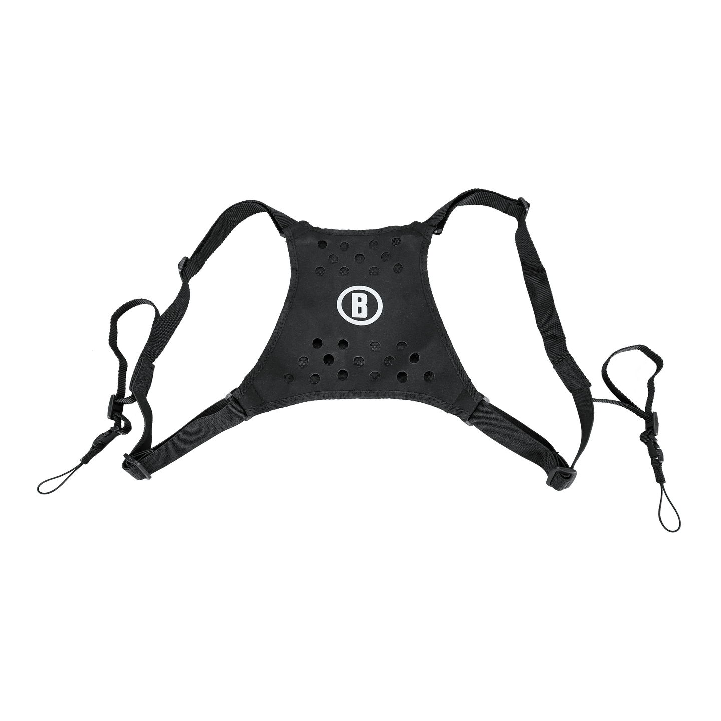 Black Bushnell binocular harness with a white letter B in a white circle on a transparent background