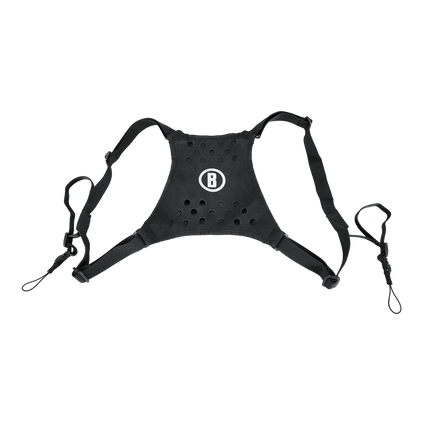 Black Bushnell binocular harness with a white letter B in a white circle on a transparent background