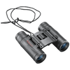 Front right view of black binoculars with matching neck cord and tasco logo in red on the left lens body, set on a transparent background