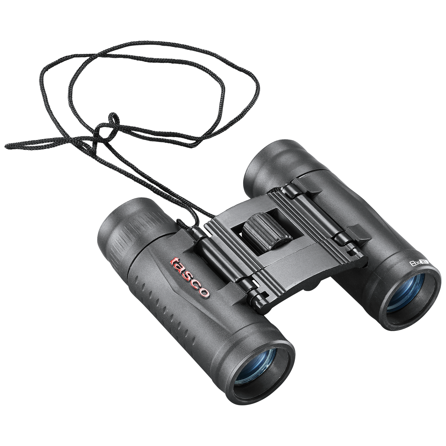 Front right view of black binoculars with matching neck cord and tasco logo in red on the left lens body, set on a transparent background