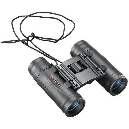 Front right view of black binoculars with matching neck cord and tasco logo in red on the left lens body, set on a transparent background