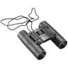 Front right view of black roof prism binoculars with attached neck cord and red Tasco logo on a transparent background