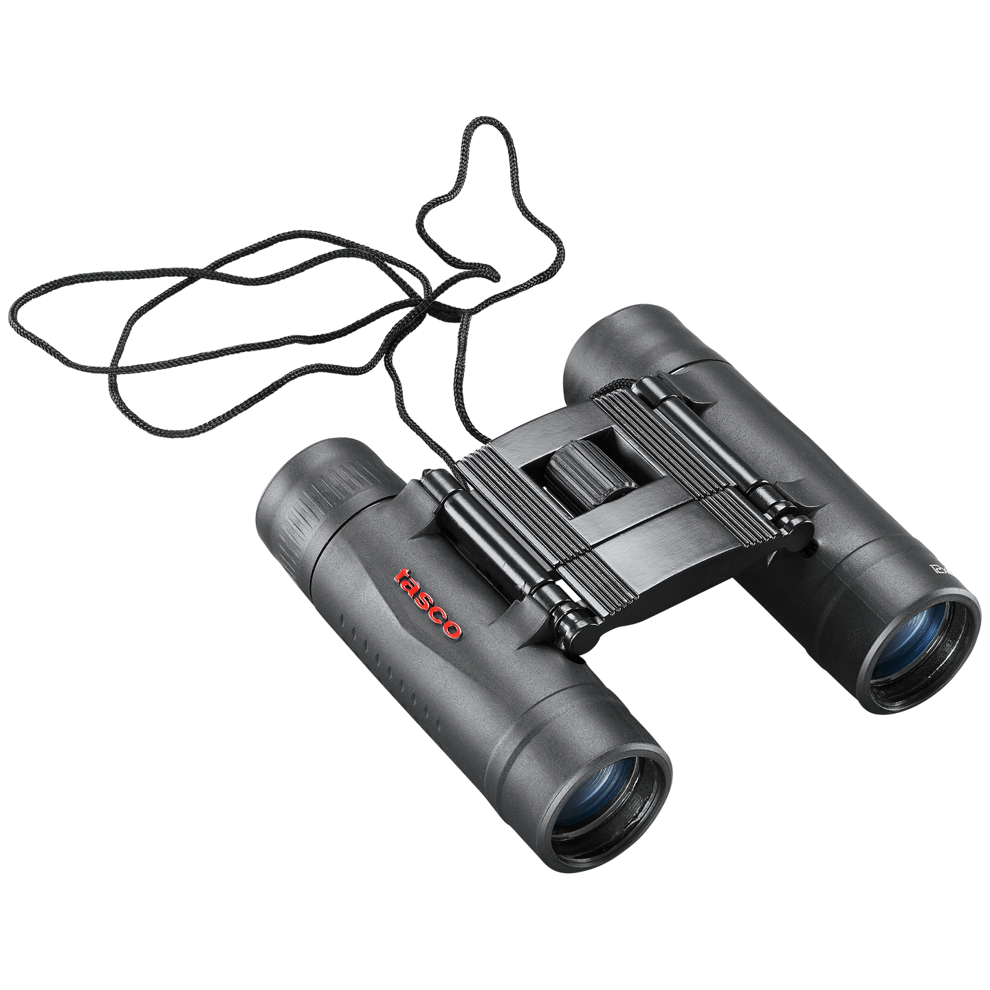 Front right view of black roof prism binoculars with attached neck cord and red Tasco logo on a transparent background