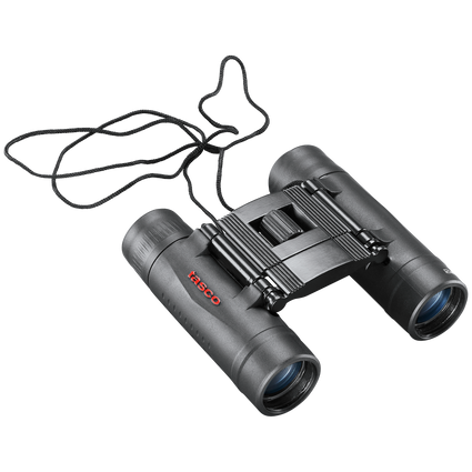 Front right view of black roof prism binoculars with attached neck cord and red Tasco logo on a transparent background