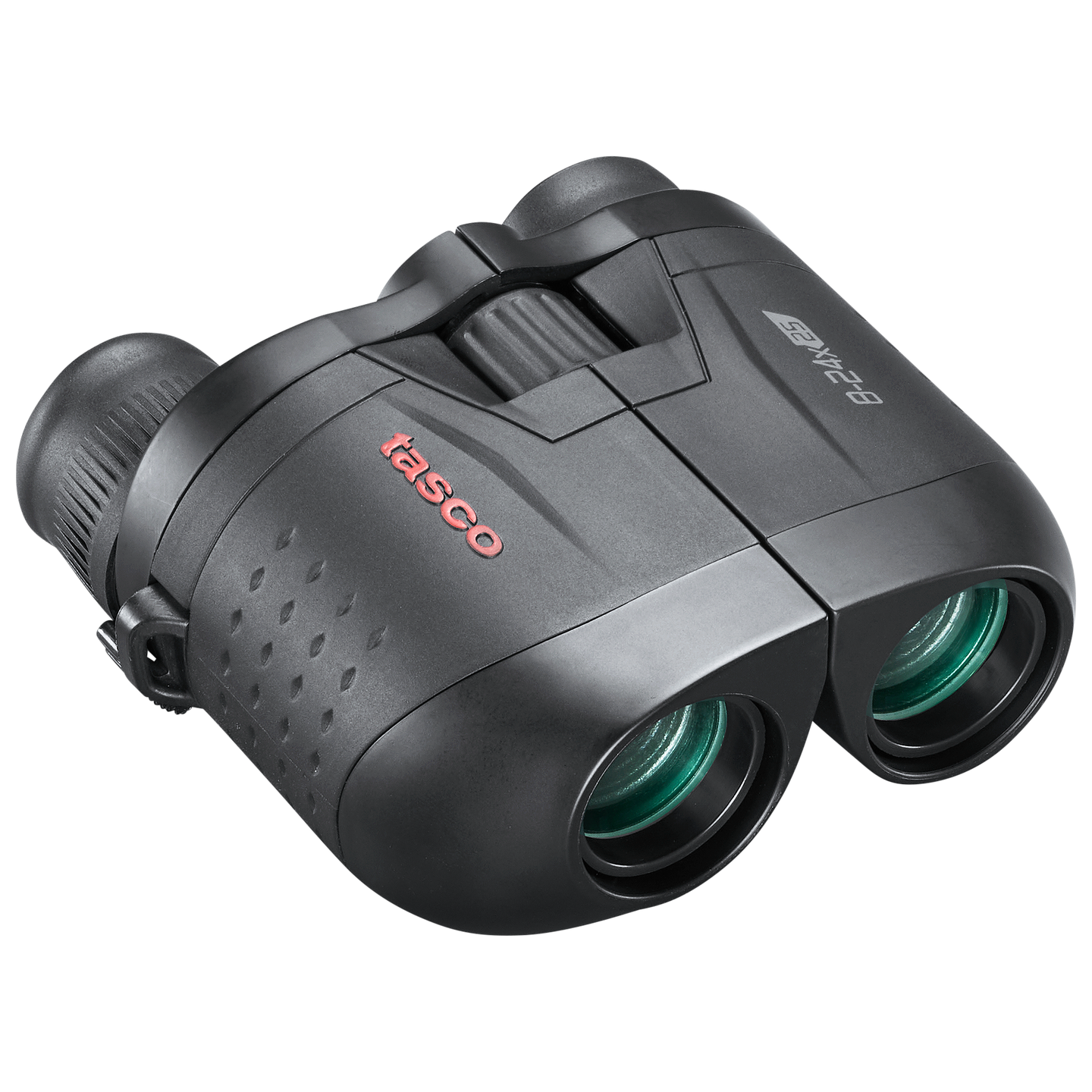 Front right view of black binoculars with tasco in red on the left lens body and 8-24x25 in white on the right