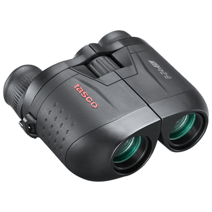 Front right view of black binoculars with tasco in red on the left lens body and 8-24x25 in white on the right