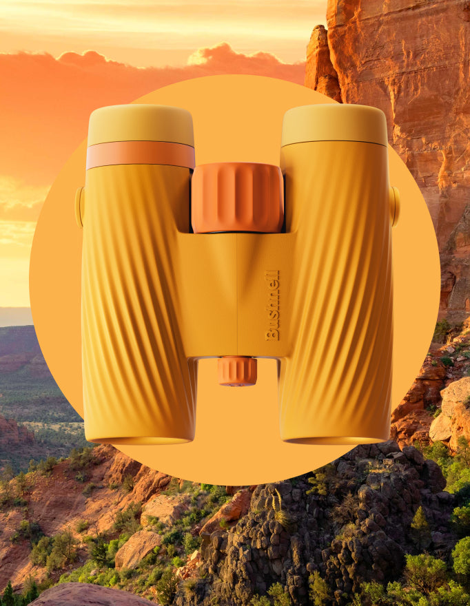 Yellow binoculars with orange accents against a scenic background of mountains and sky.