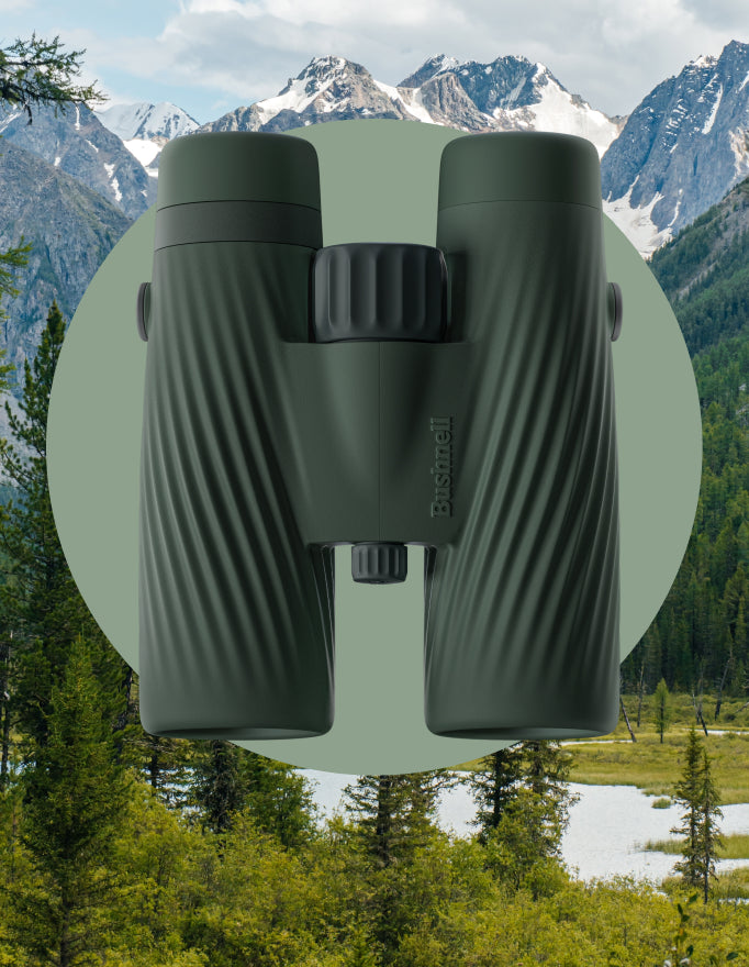 Green binoculars with a mountainous landscape in the background