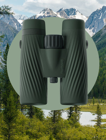 Binoculars with a scenic mountain and forest background