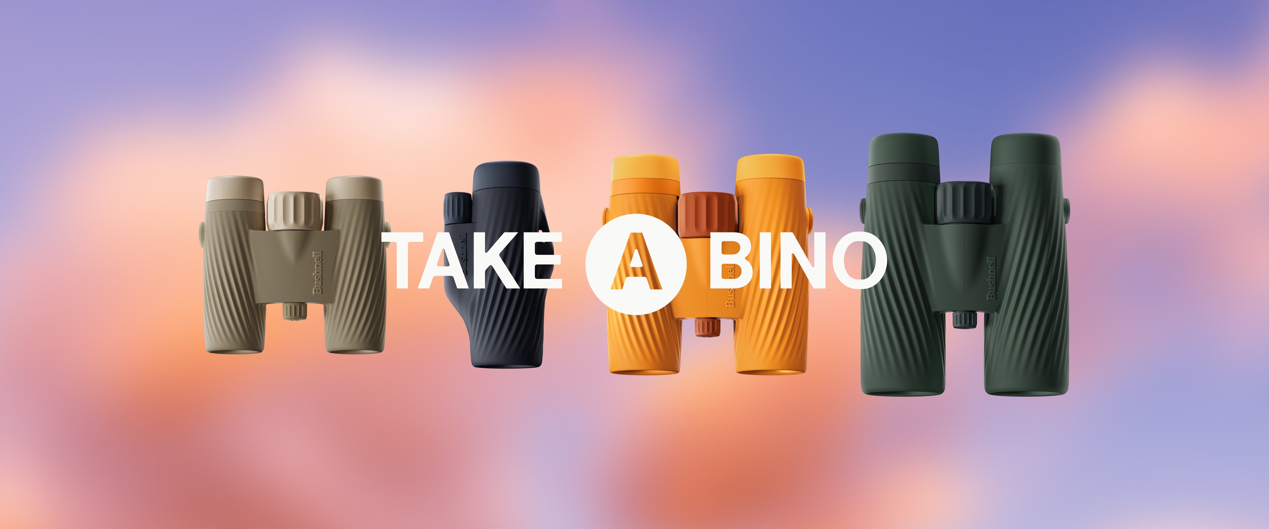 Four pairs of binoculars in different colors on a gradient background with 'Take A Bino' text.