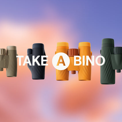 Binoculars in various colors with 'Take A Bino' text on a gradient background