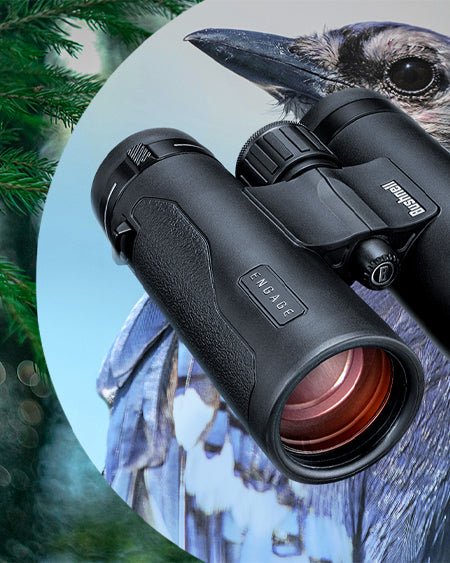 Bushnell Engage binoculars on a nature-themed background featuring a bird and greenery