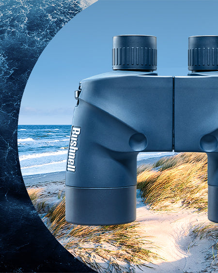 Blue Bushnell marine binoculars with a beach and ocean background