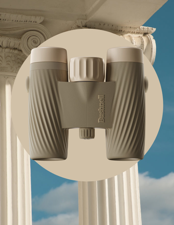 Binoculars attached to a classical architectural column with a blue sky background