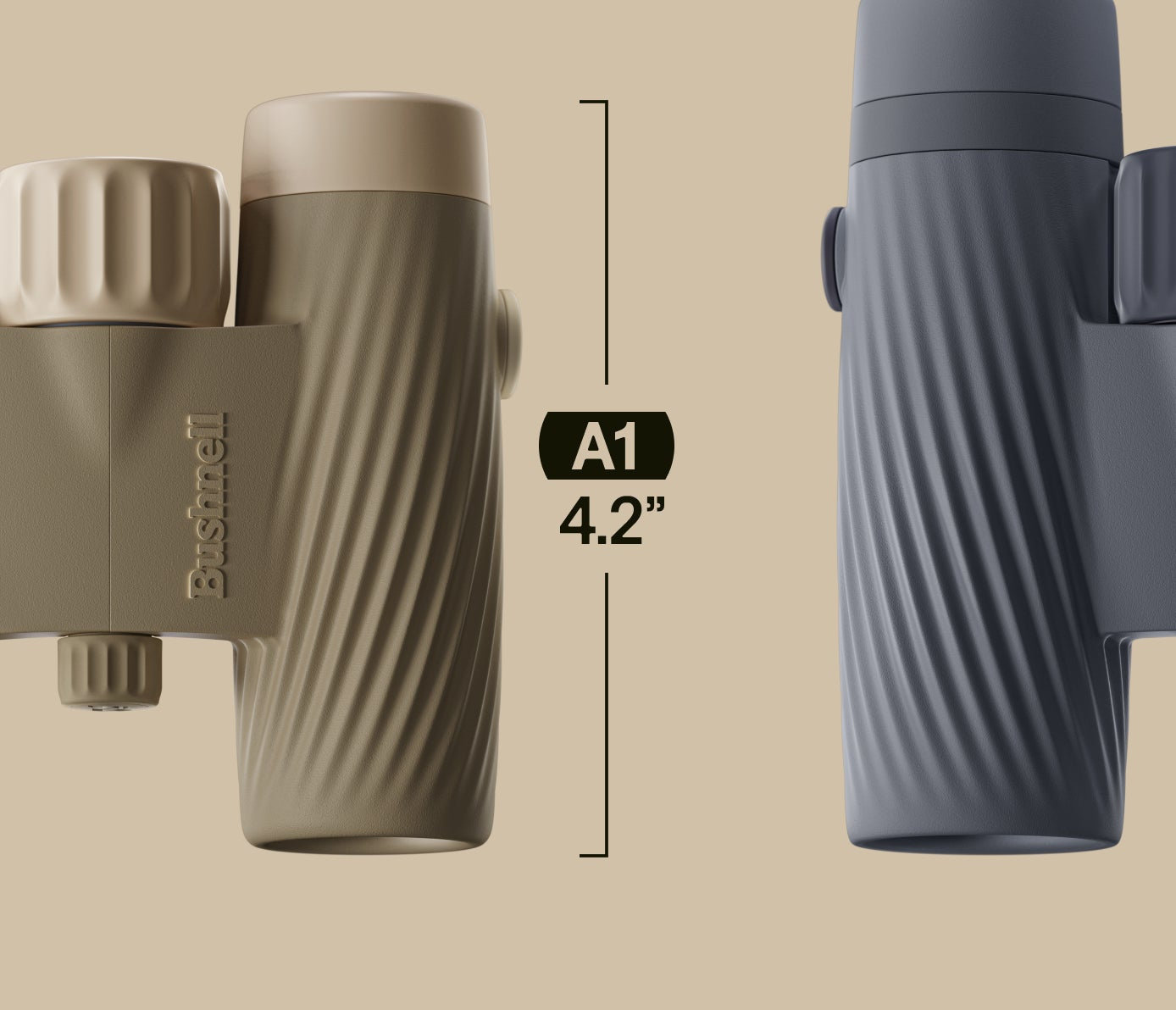 Two pairs of binoculars with measurements on a beige background