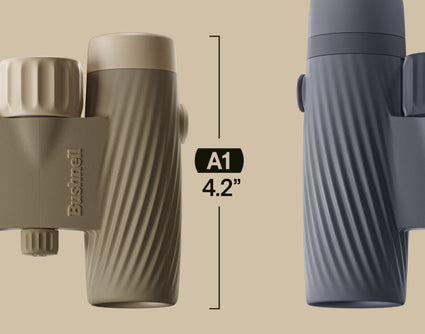 Two binoculars with measurement details on a beige background