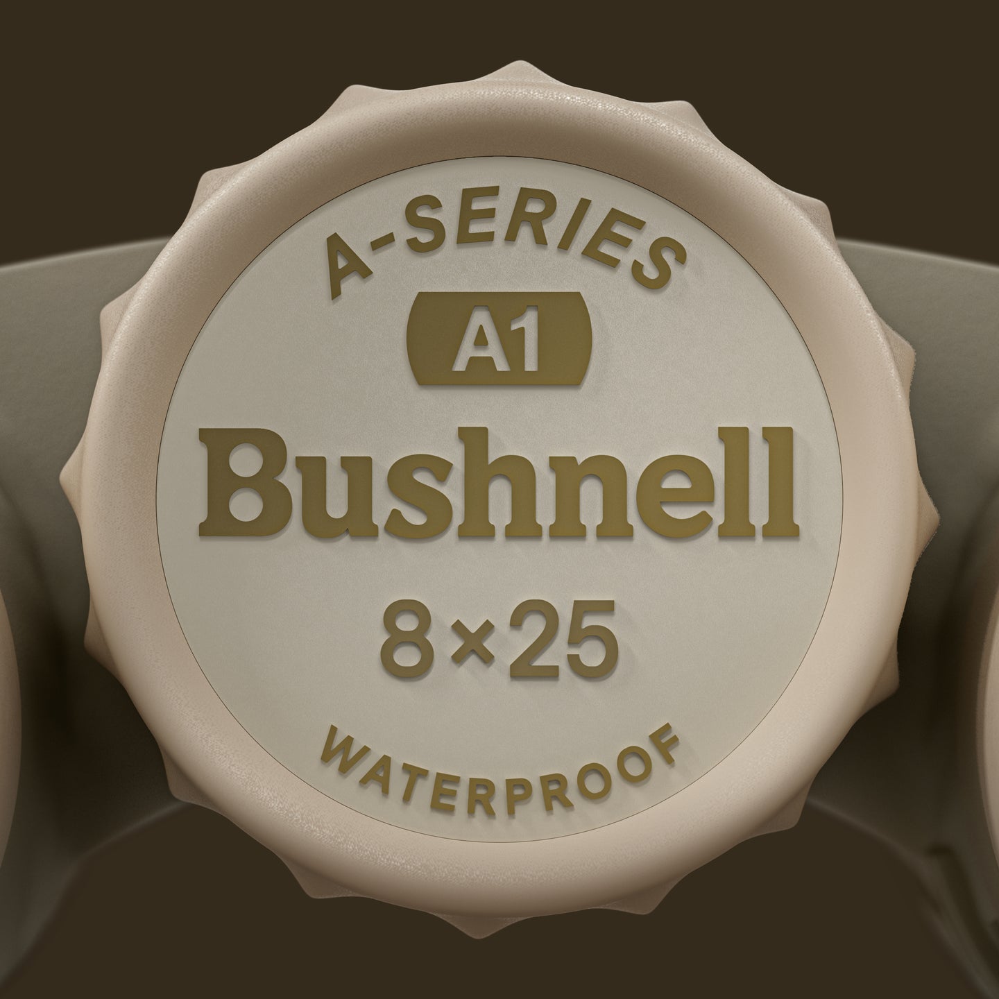 Bushnell A-Series A1 8x25 waterproof lens cap on a brown background