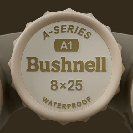 Bushnell A-Series A1 8x25 waterproof lens cap on a brown background