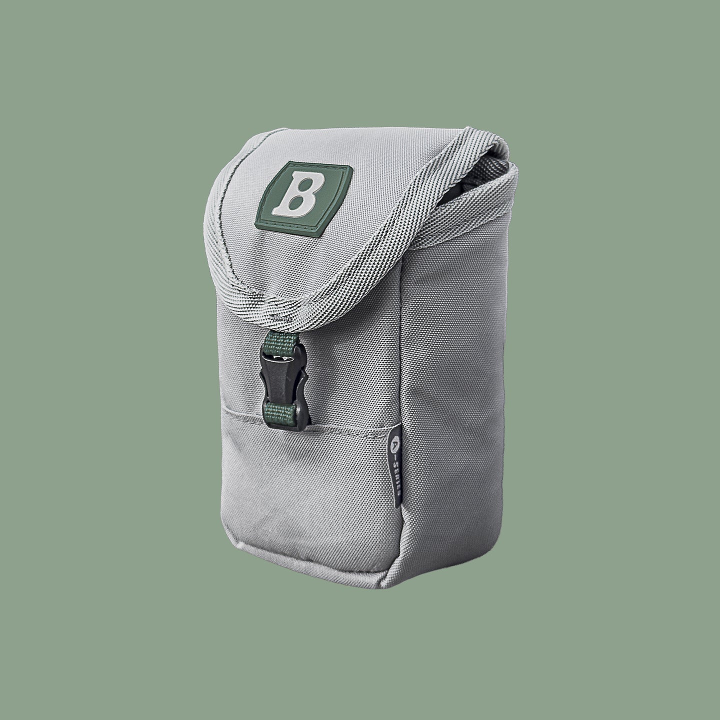 Gray pouch with a green 'B' logo on a light green background