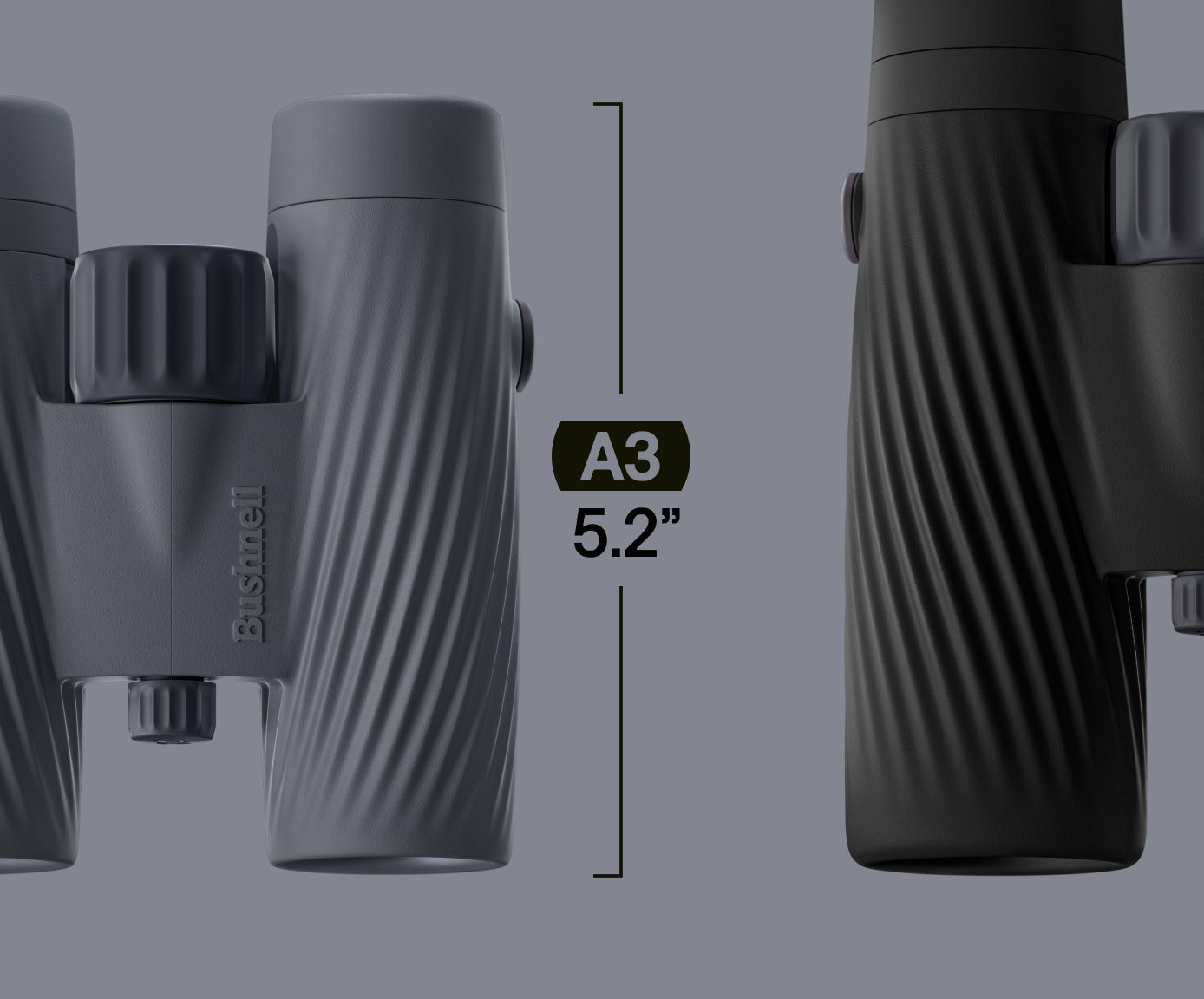 Binoculars with measurement details on a gray background